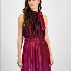 Anne Klein Pleated Bow-Neck Midi Dress Pink Combo Halter Pullover Women's 8